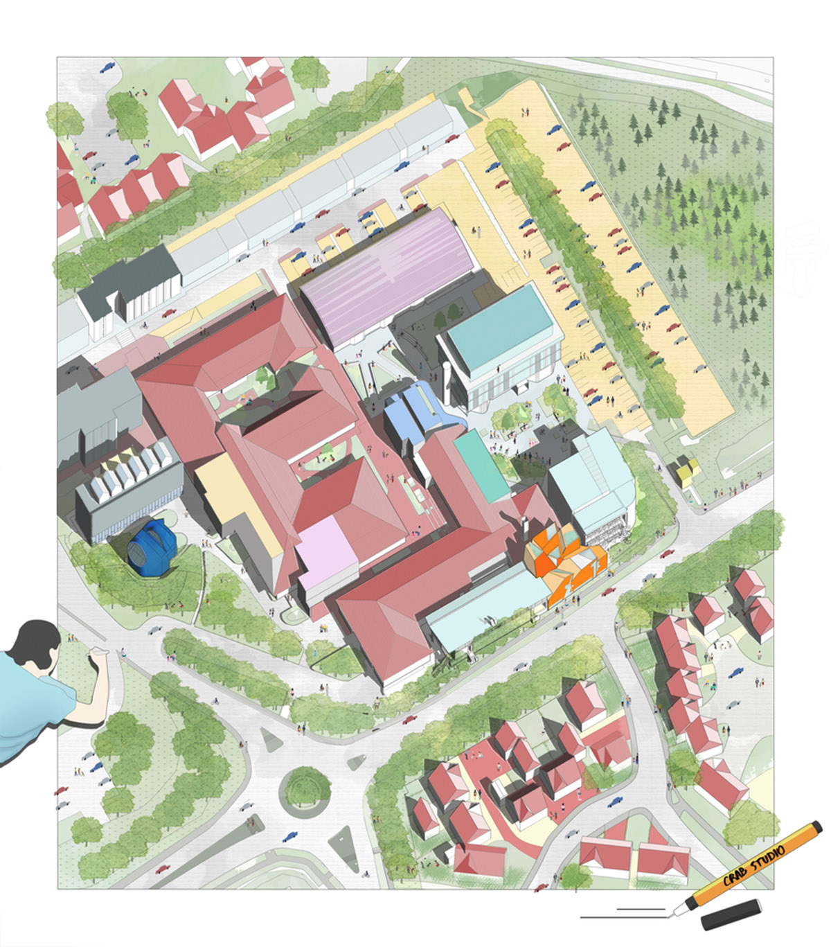 Construction begins on CRAB Studio's orange-colored Innovation Hub at Arts University Bournemouth