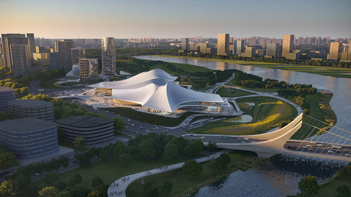 ZHA unveils design for culture and art centre with large, wavy, and sloping roofs in Shaoxing, China