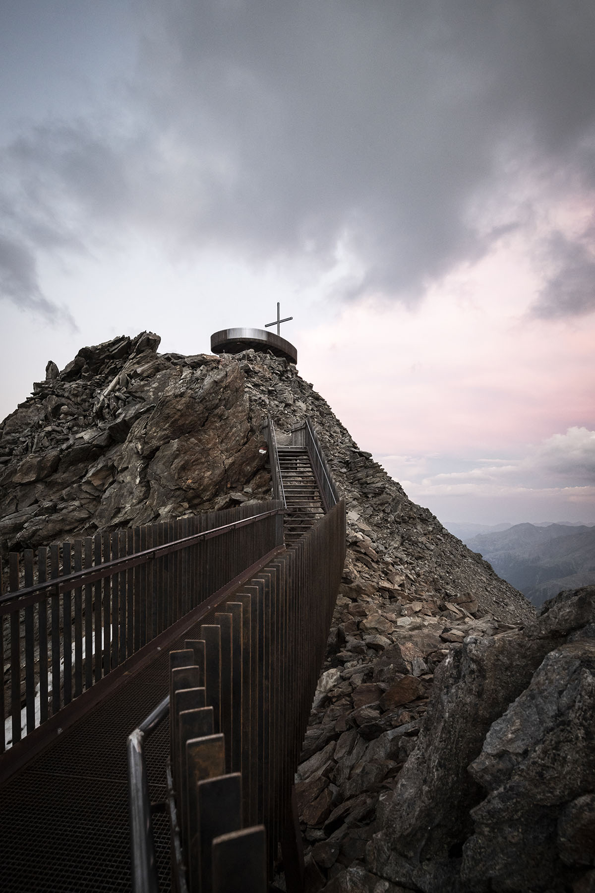 noa* network of architecture built corten steel viewing platform on the Schnals Valley Glacier ridge