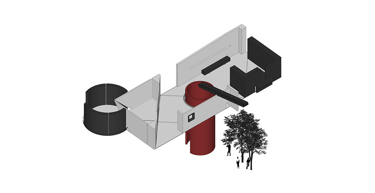 Masanori Designs' interiors include red cylinder bringing rainwater into the space