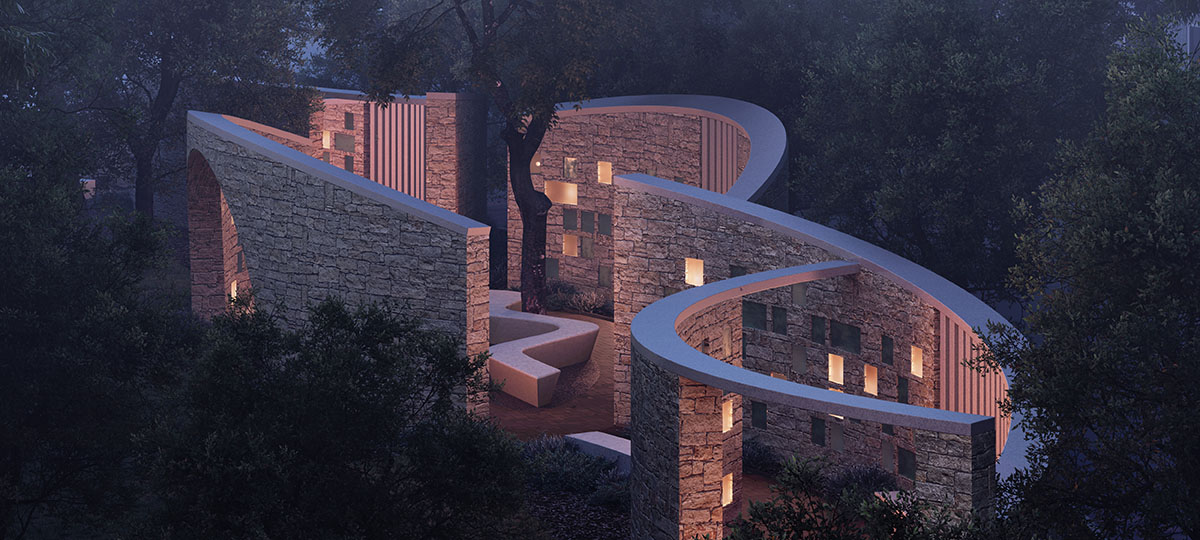 Columbarium by Form4 Architecture is made of intertwined open-air stone pavilions in California 