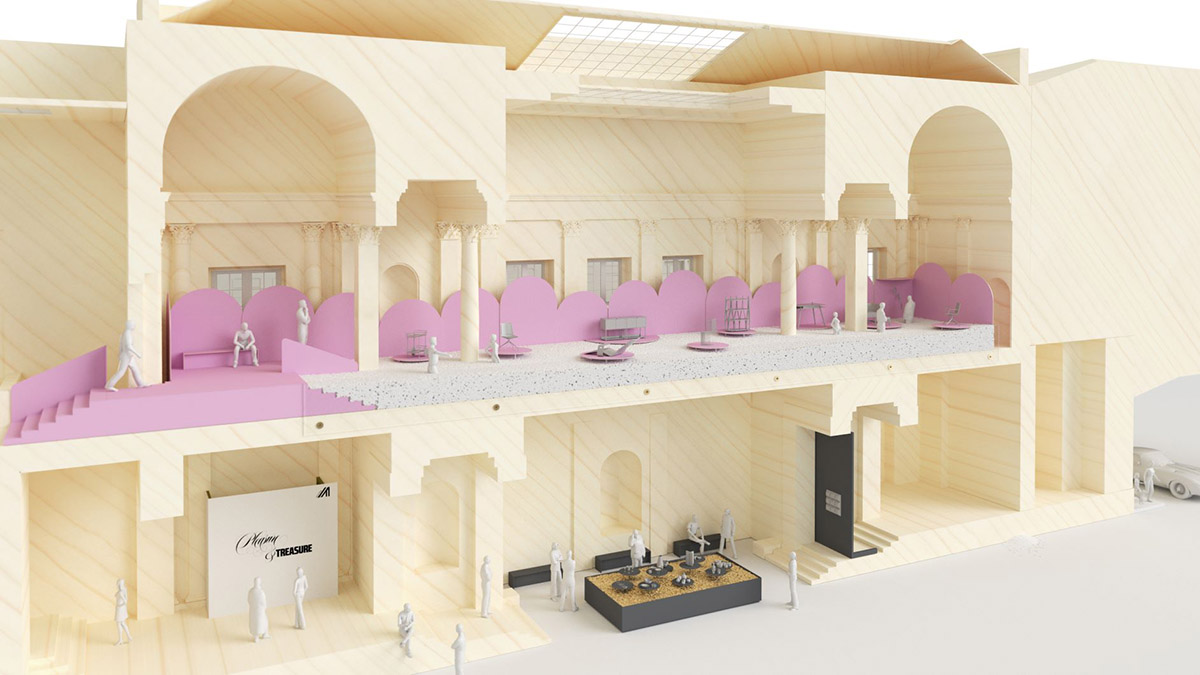 Vasku & Klug transfroms Sala Reale into design pool filled with pink-colored arches and a sea of foam