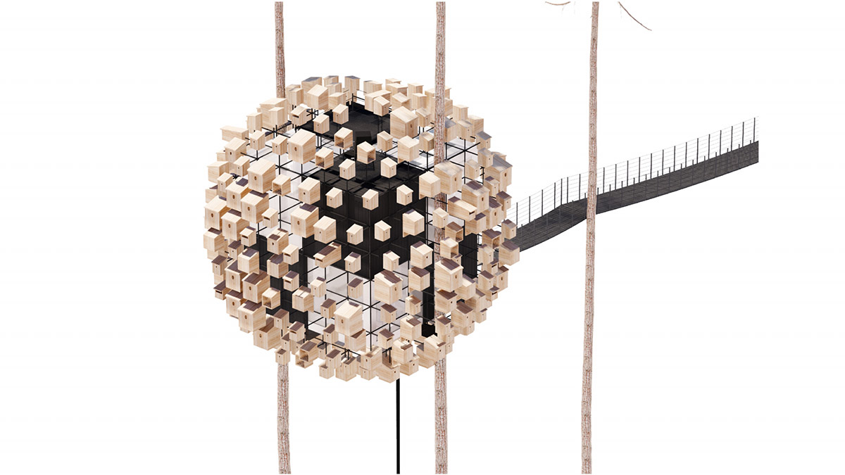 BIG encloses hotel room with 350 birdhouses in Sweden 