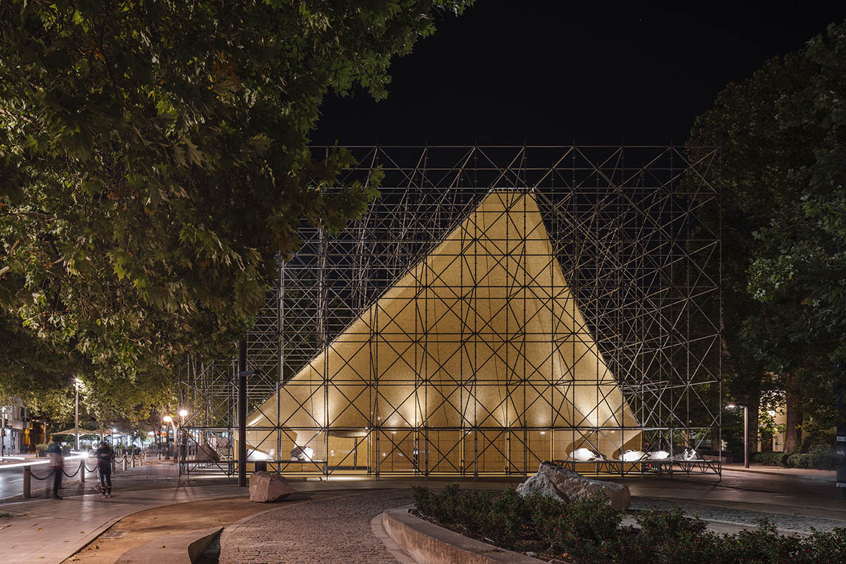 Aire Pavilion wrapped by giant scaffolding represents 