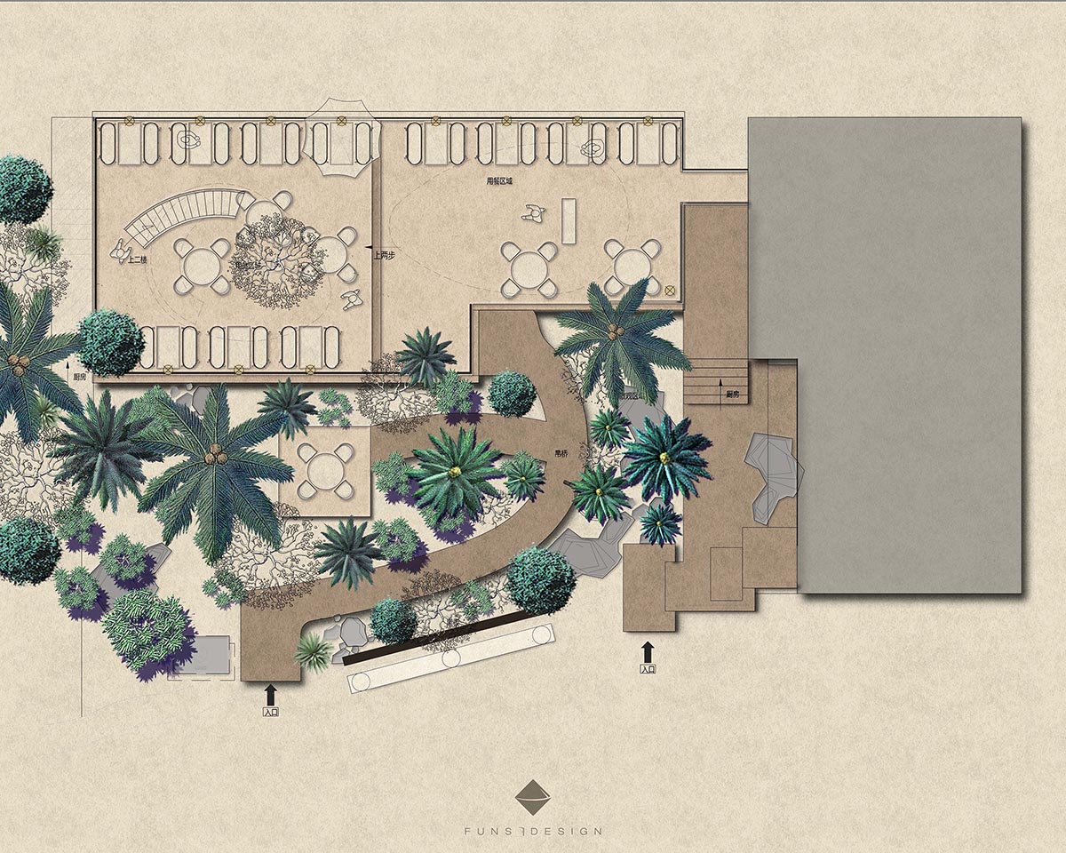 Bamboo ladder and sheds surround cafe and resturant designed by Funs Design in China 