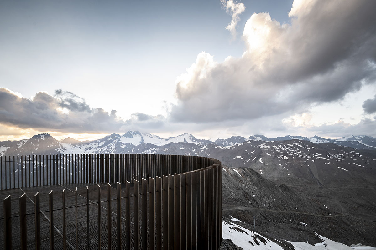 noa* network of architecture built corten steel viewing platform on the Schnals Valley Glacier ridge