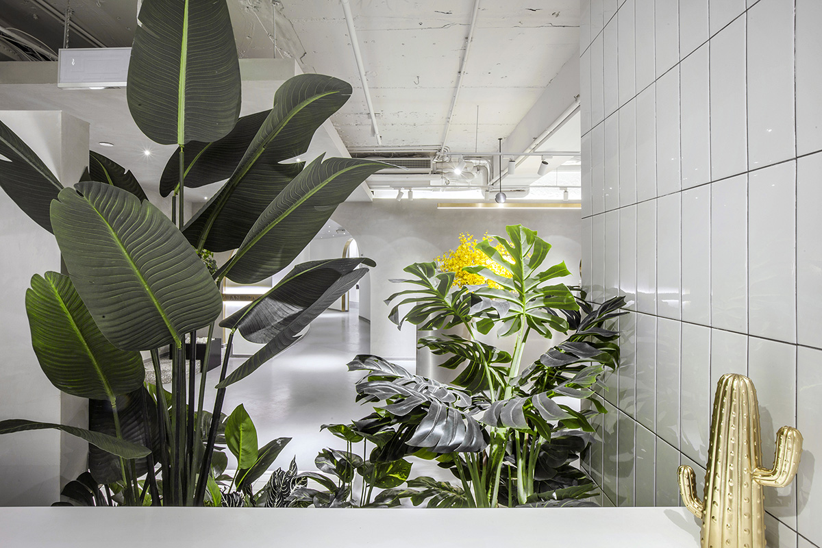 Towodesign uses metallic colors and golden pieces to create a retro atmosphere for this health store