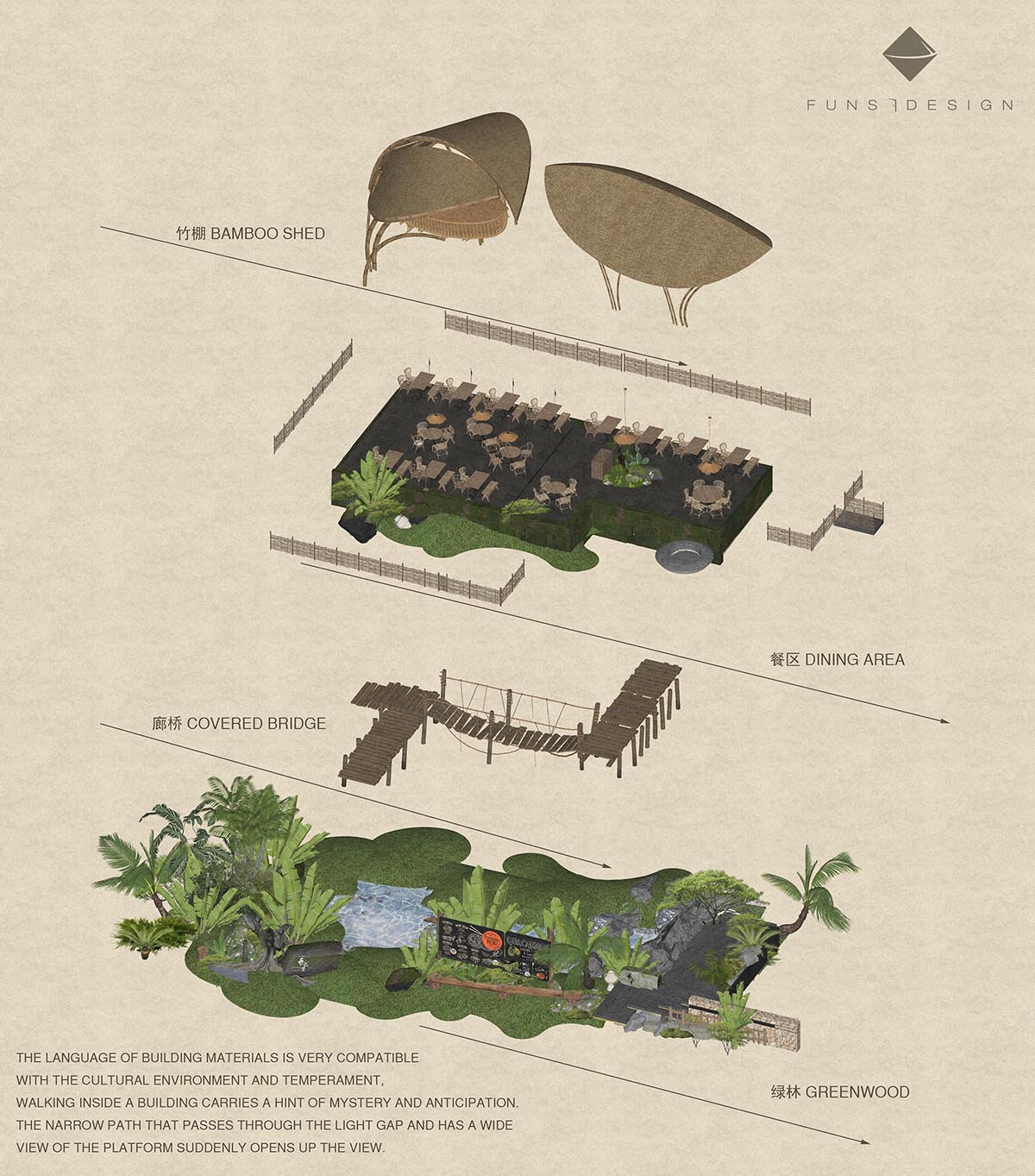 Bamboo ladder and sheds surround cafe and resturant designed by Funs Design in China 