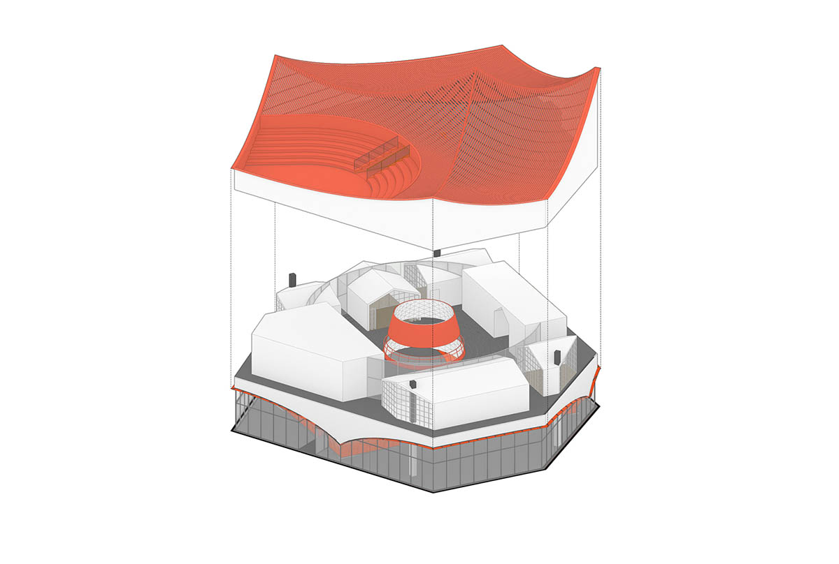 Wutopia Lab built showroom evoking Chinese red mountains with dazzling orange-colored roof