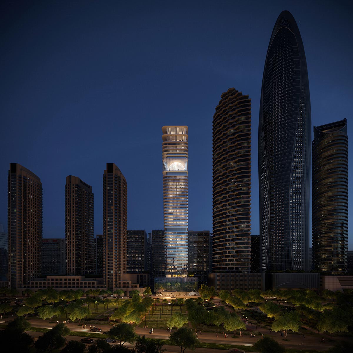 MVRDV adds a glowing pearl ovoid structure to the sky lounge of Inaura tower