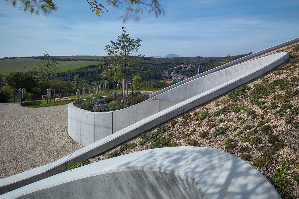 Curved green roof hides winery by Aleš Fiala in a rolling landscape in the Czech Republic