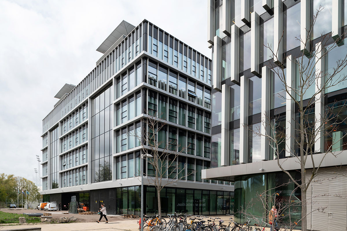 Untreated tree trunks pass through the central staircase of the Langeveld Building in Rotterdam
