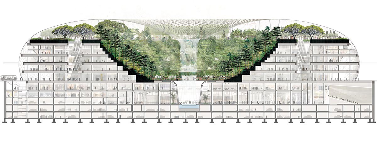 Safdie Architects' giant waterfall is almost complete at Jewel Changi Airport in Singapore