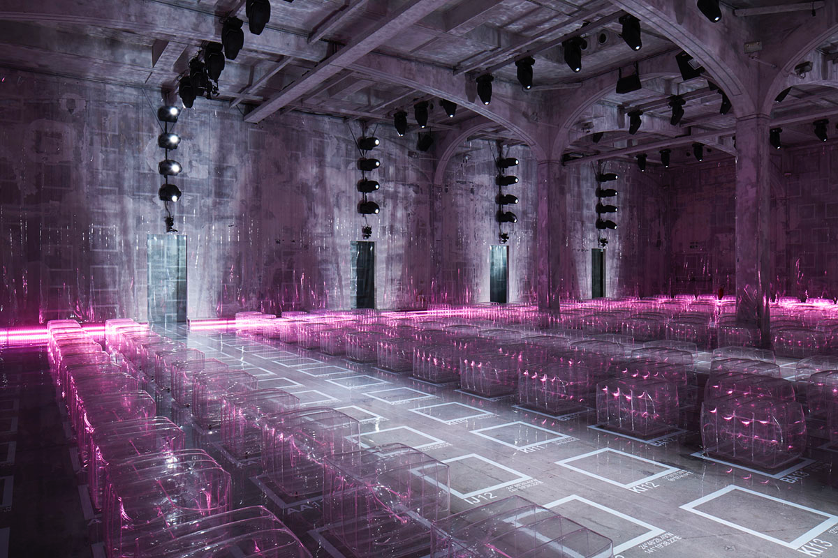 AMO Filled Prada's Fashion Show Stage With Purple-Lit Inflatable Stools