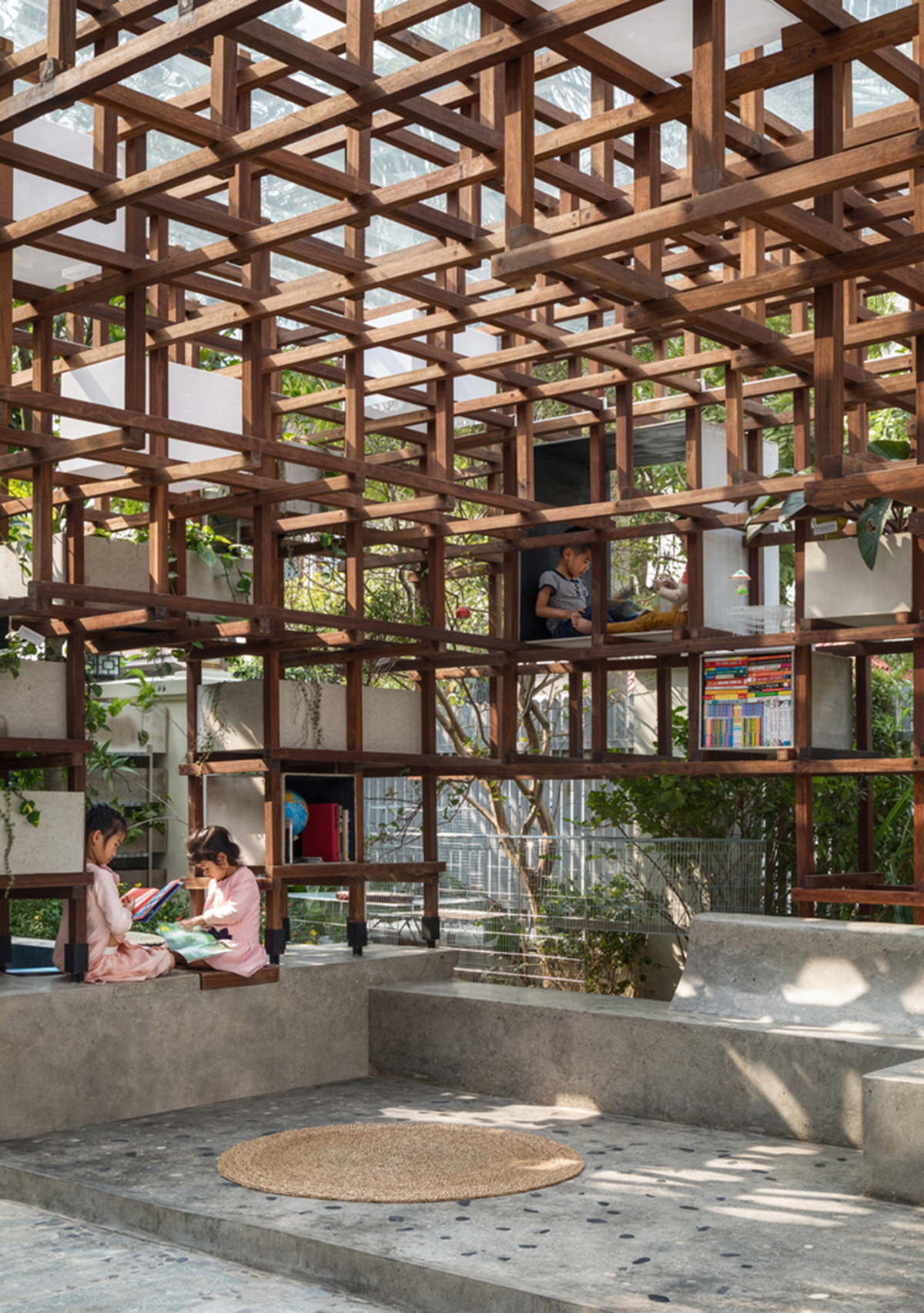 Farming Architects' Wooden Skeleton Provides Library Space For Children And Cage For Chickens