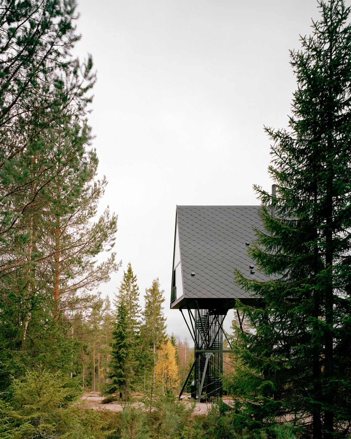 Espen Surnevik uses simple geometry for cabins raised on slim columns in forest area of Norway