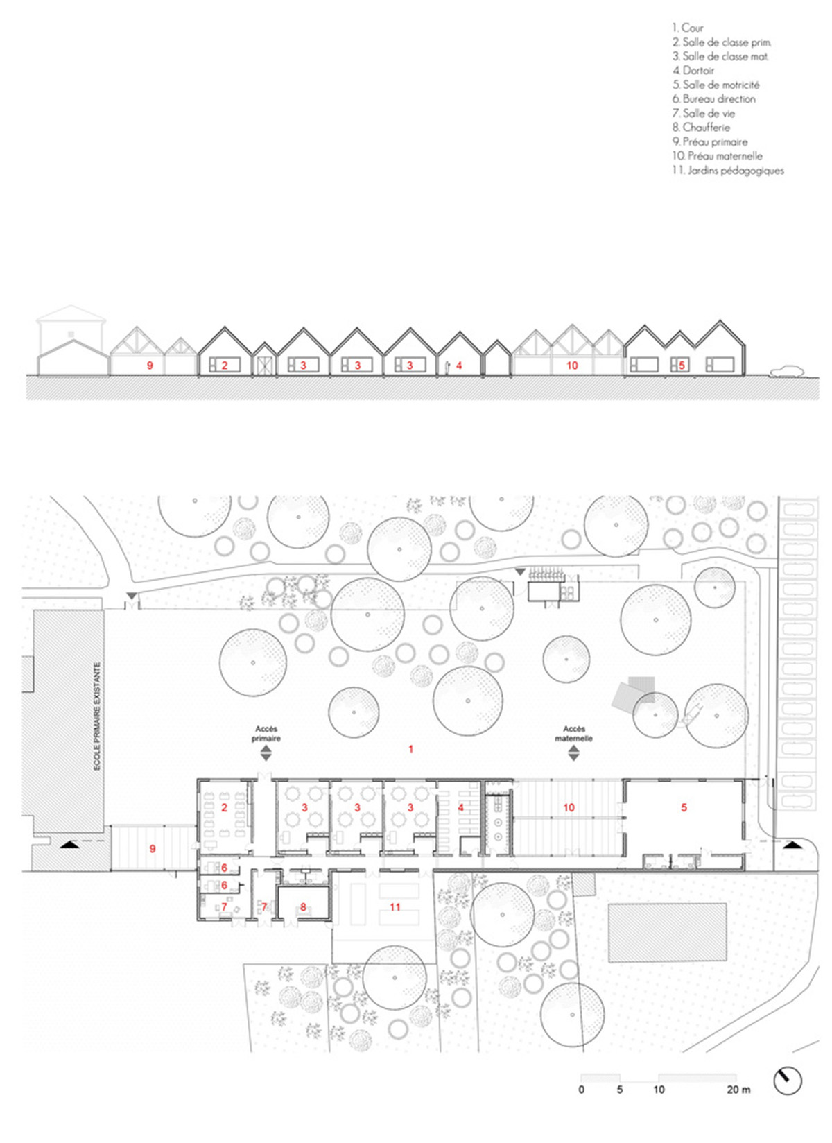 This human-scale school in French town wrapped by different geometry of wood claddings