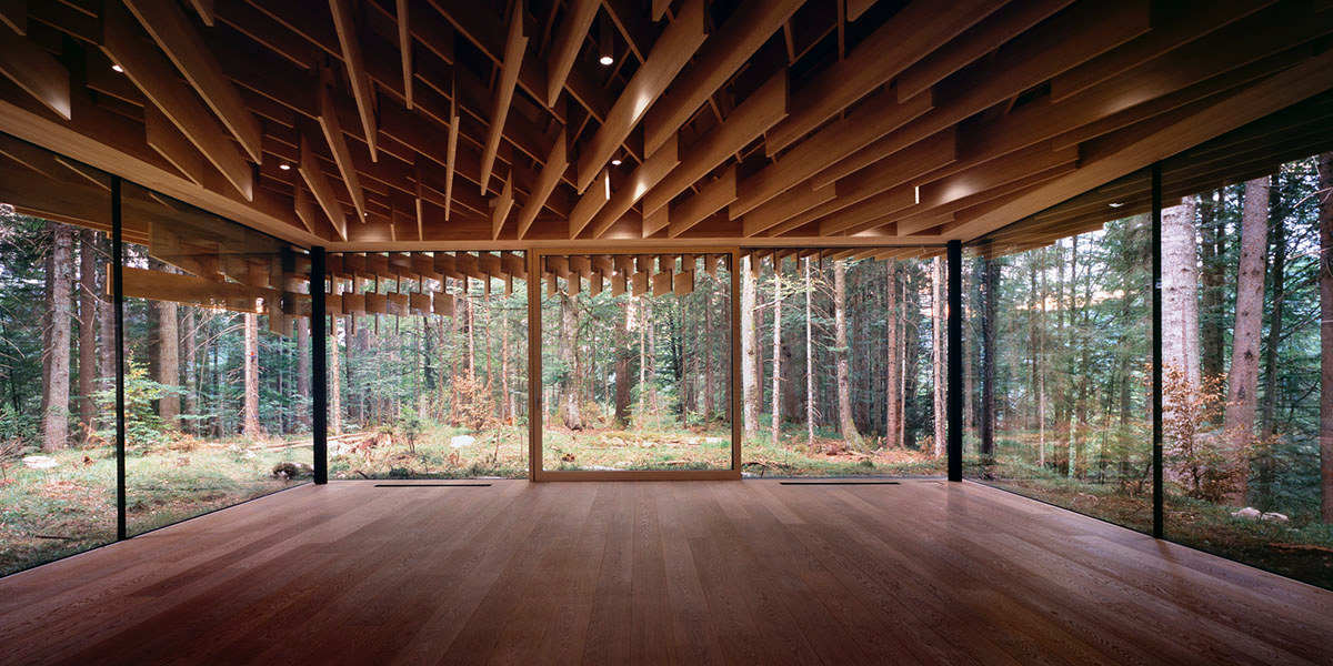 Kengo Kuma creates silent yoga and meditation space made from twigs within a forest in Germany