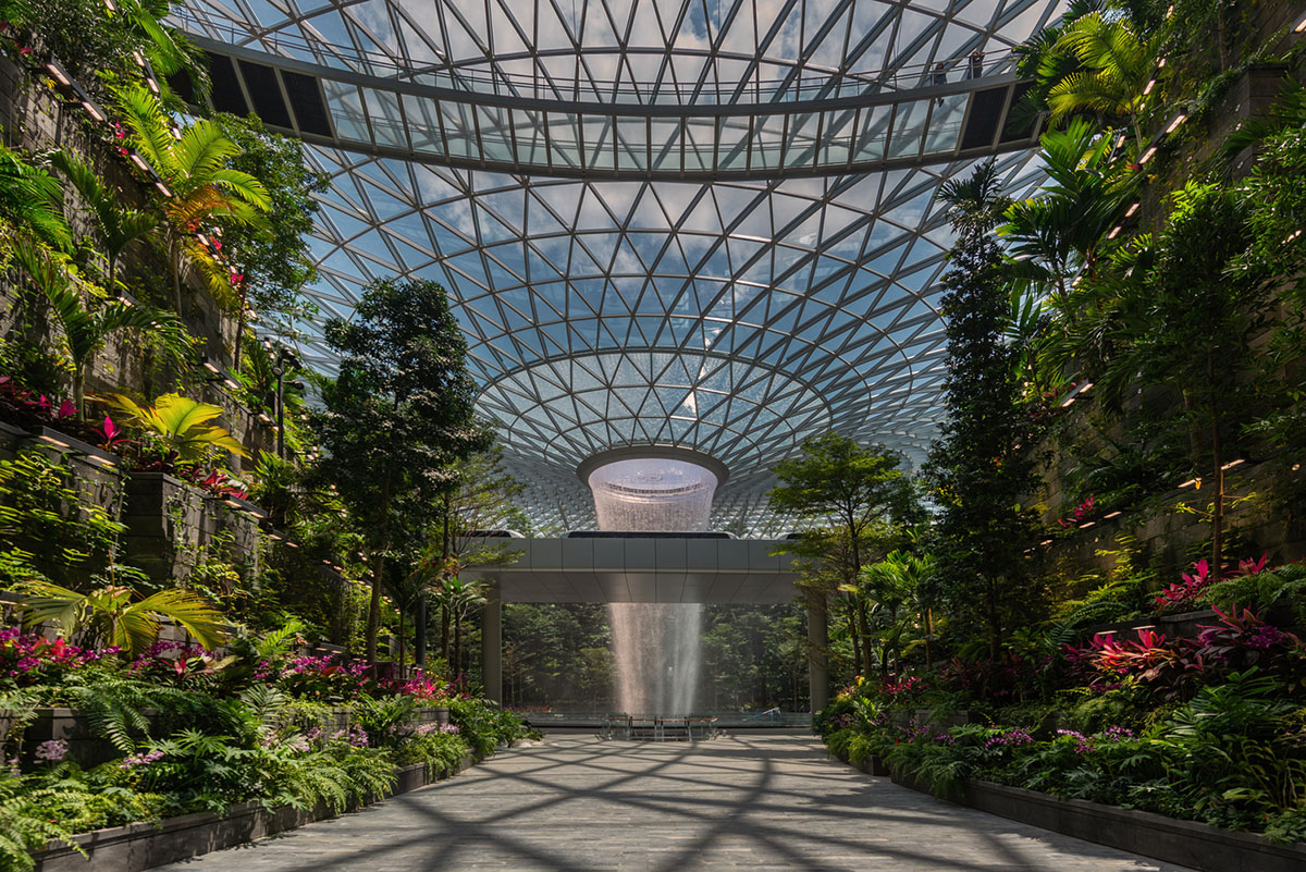 World's tallest indoor waterfall by Safdie Architects completed at Jewel Changi Airport