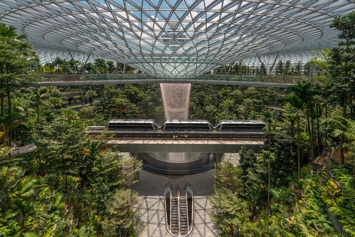 World's tallest indoor waterfall by Safdie Architects completed at Jewel Changi Airport