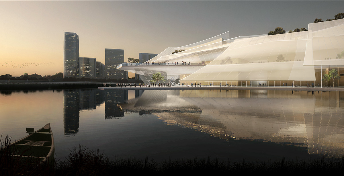 MAD's grand theater made of layers of glass sails moves forward in Yiwu, China