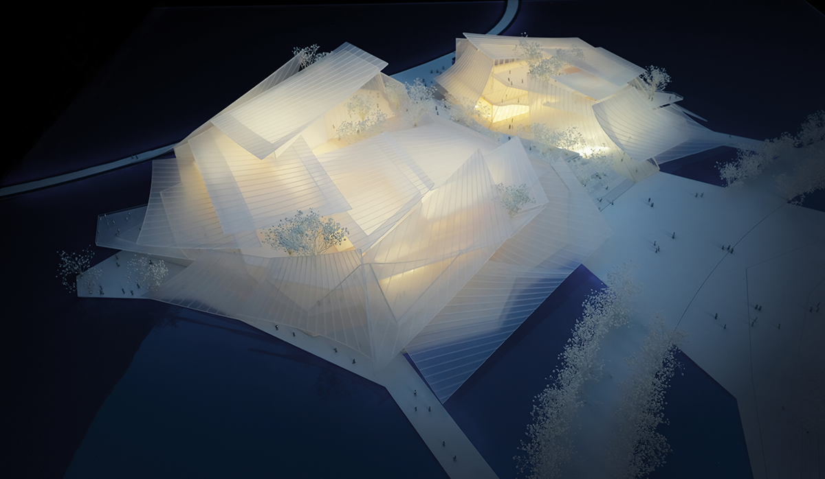 MAD's grand theater made of layers of glass sails moves forward in Yiwu, China