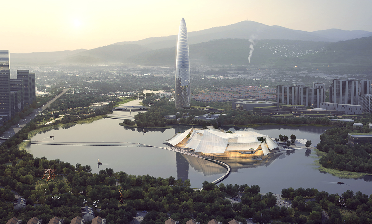 MAD's grand theater made of layers of glass sails moves forward in Yiwu, China