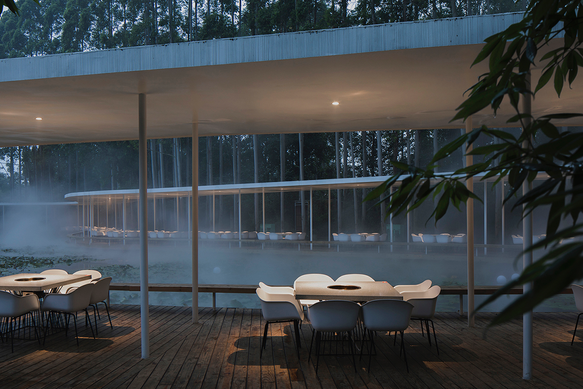 MUDA-Architects' snake-like restaurant blends with slender pillars and trees in a eucalyptus forest