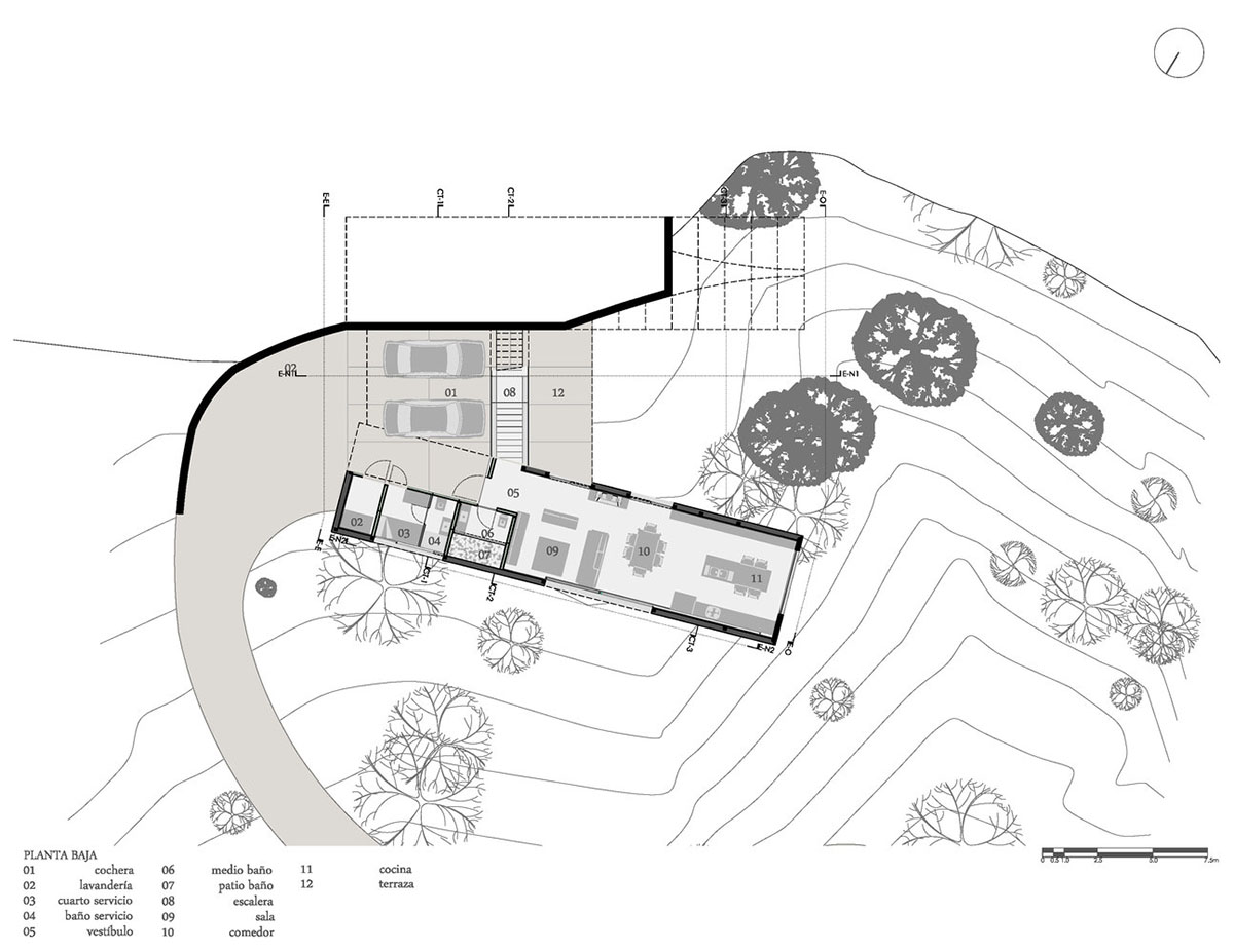 P+0 Arquitectura designs residence mixed with concrete and stone volumes on a complex terrain