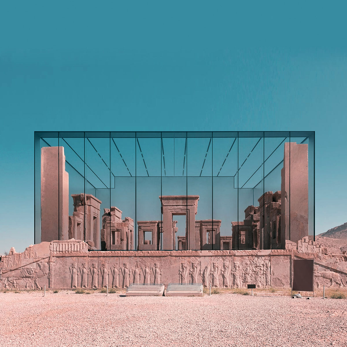 Mohammad Hassan creates collages by using contemporary buildings on Iran's pre-Islamic castles