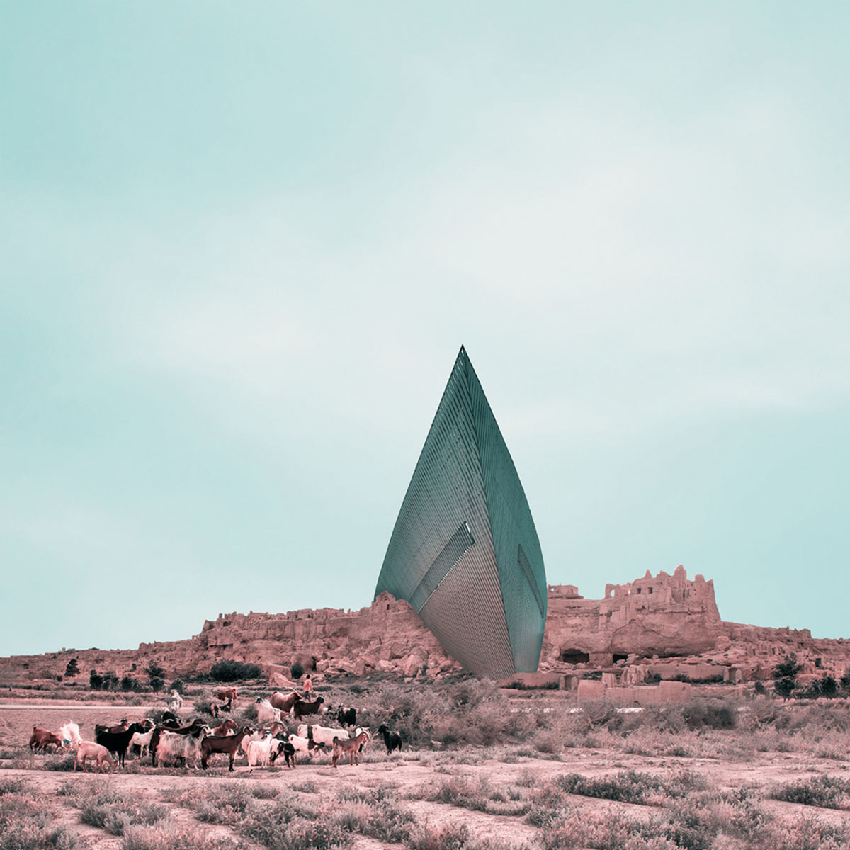 Mohammad Hassan creates collages by using contemporary buildings on Iran's pre-Islamic castles