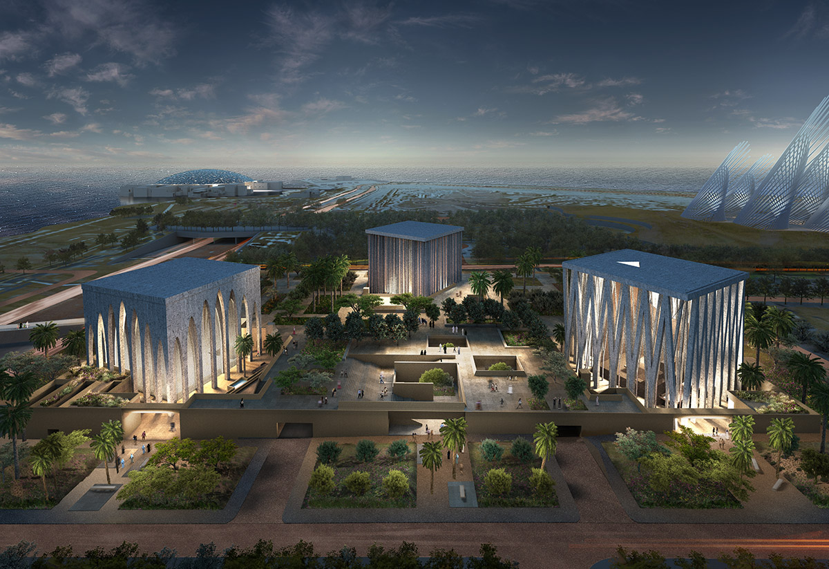 Adjaye Associates designs The Abrahamic Family House with powerful plutonic forms on Saadiyat Island