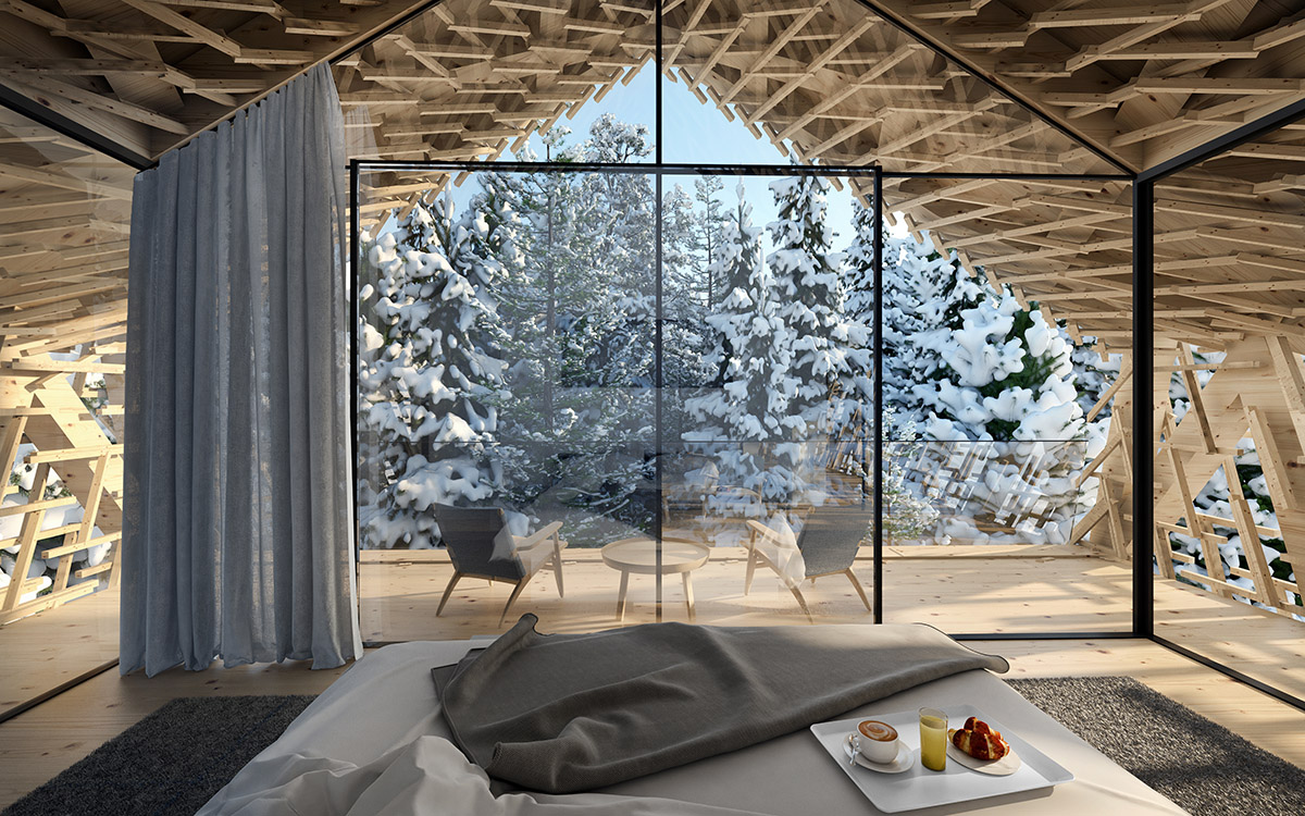 Peter Pichler Architecture designs luxury suites with diagrid structures ensuring privacy in forest