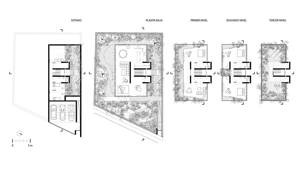 Triangular and faceted green terraces provide generous open spaces for this residence by Vertebral