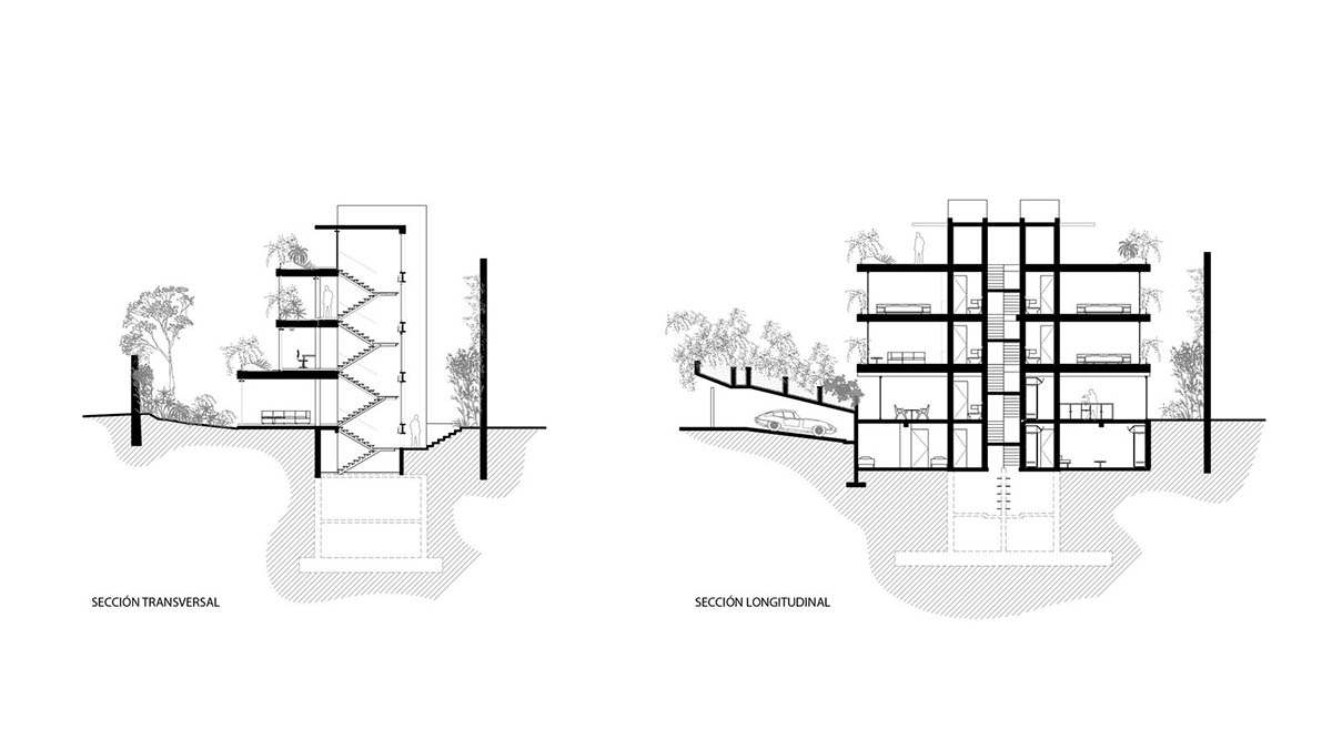 Triangular and faceted green terraces provide generous open spaces for this residence by Vertebral