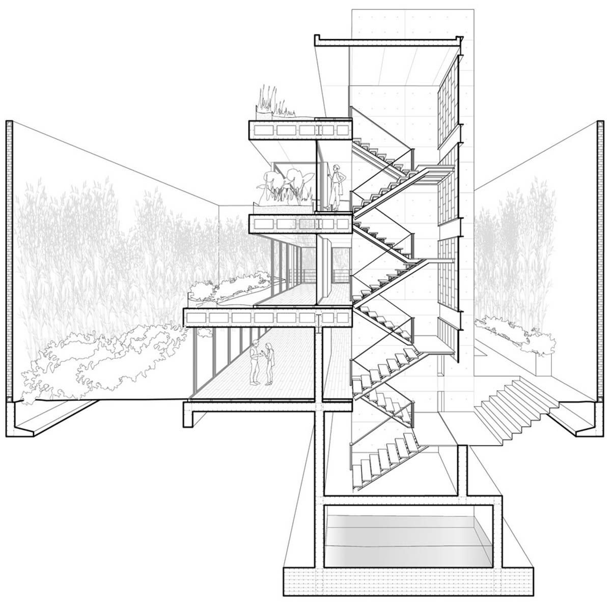 Triangular and faceted green terraces provide generous open spaces for this residence by Vertebral