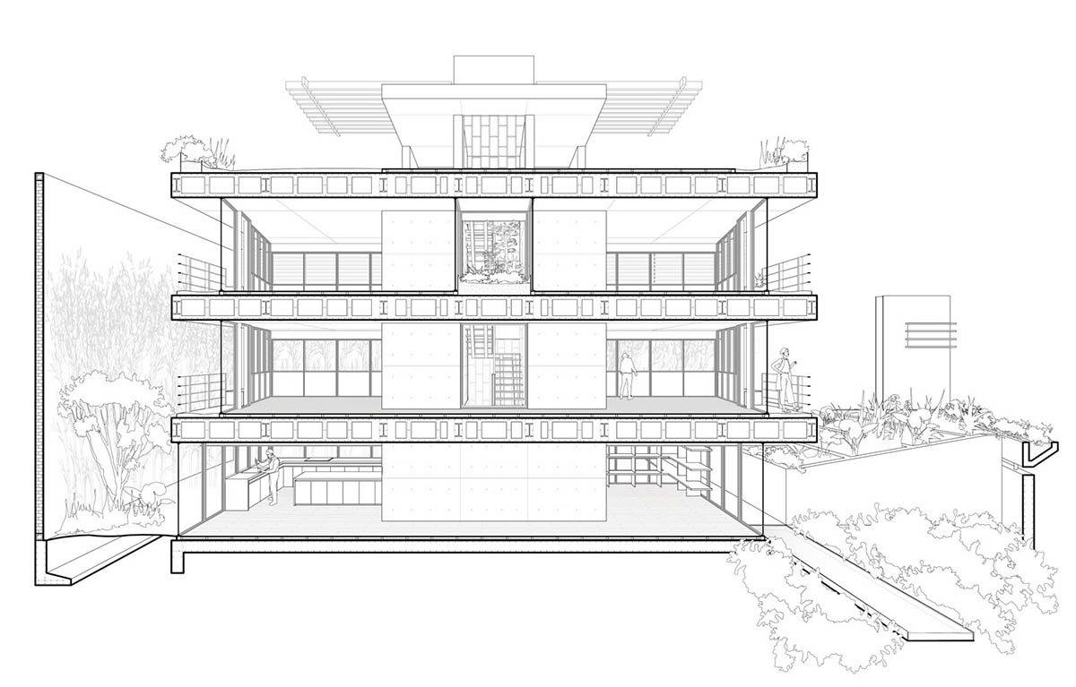 Triangular and faceted green terraces provide generous open spaces for this residence by Vertebral