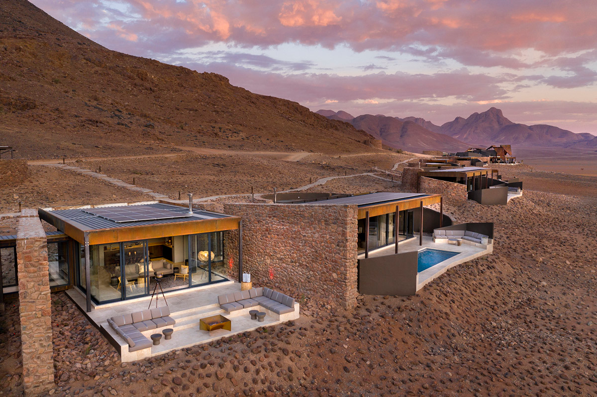 Fox Browne Creative and Jack Alexander design pavilion-like steel lodges on a desert of Namibia