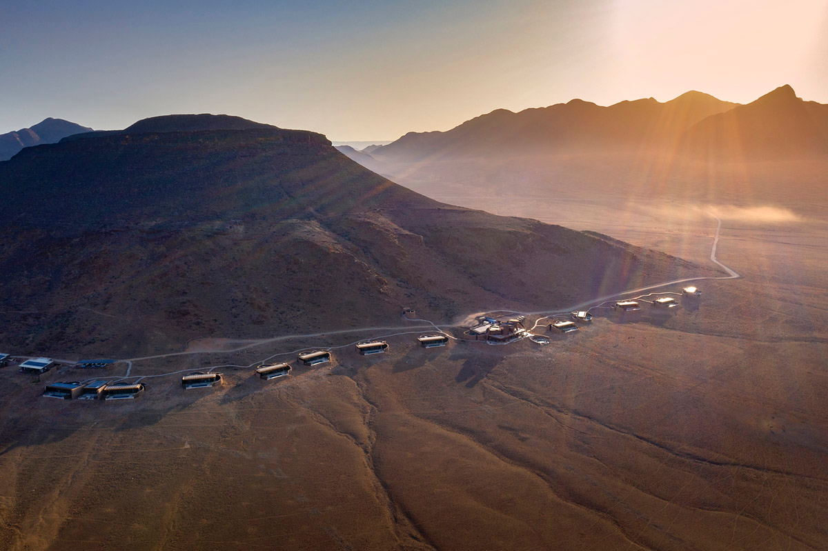 Fox Browne Creative and Jack Alexander design pavilion-like steel lodges on a desert of Namibia