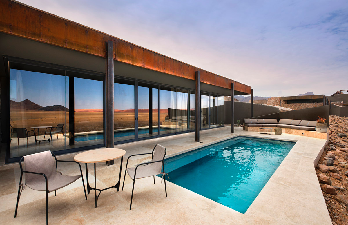 Fox Browne Creative and Jack Alexander design pavilion-like steel lodges on a desert of Namibia