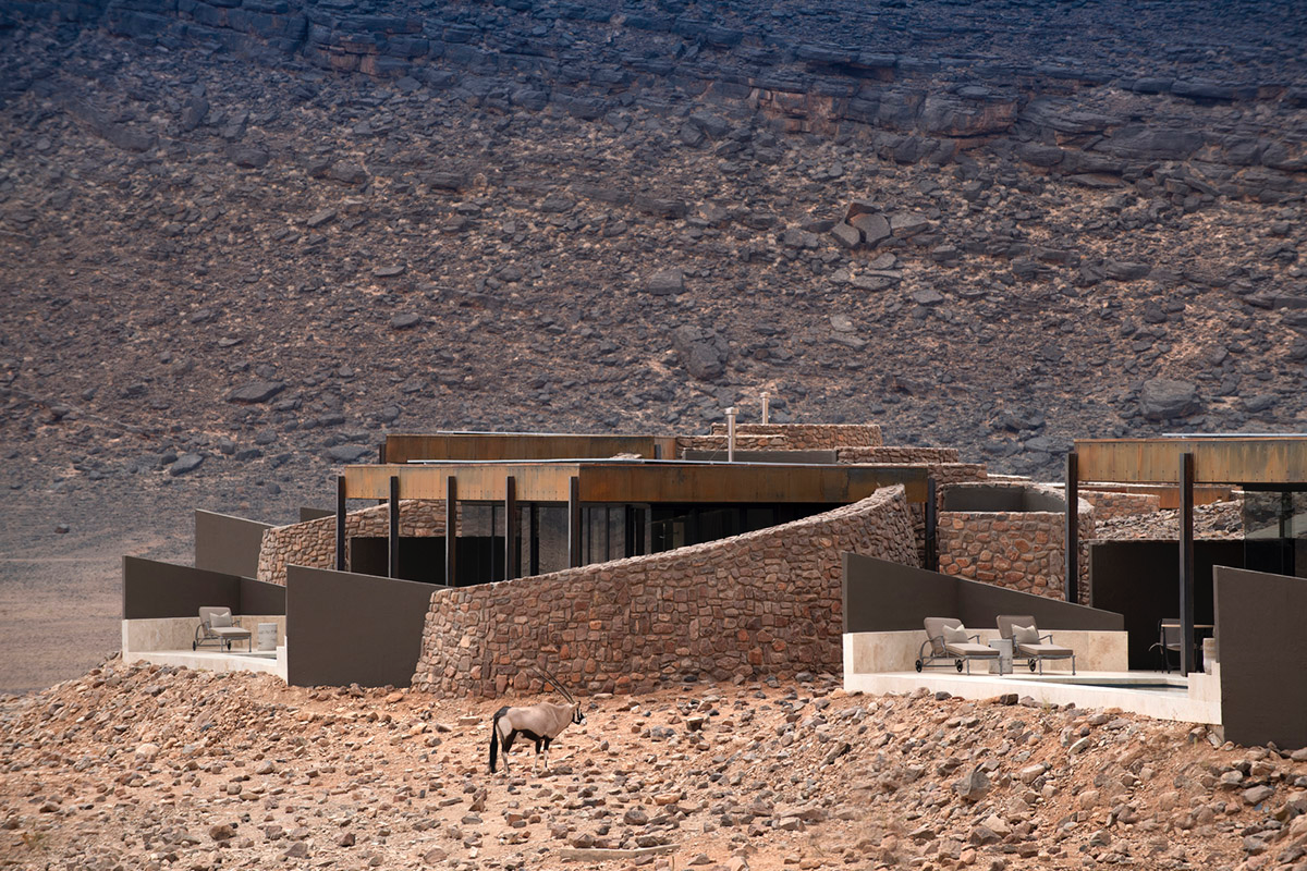 Fox Browne Creative and Jack Alexander design pavilion-like steel lodges on a desert of Namibia