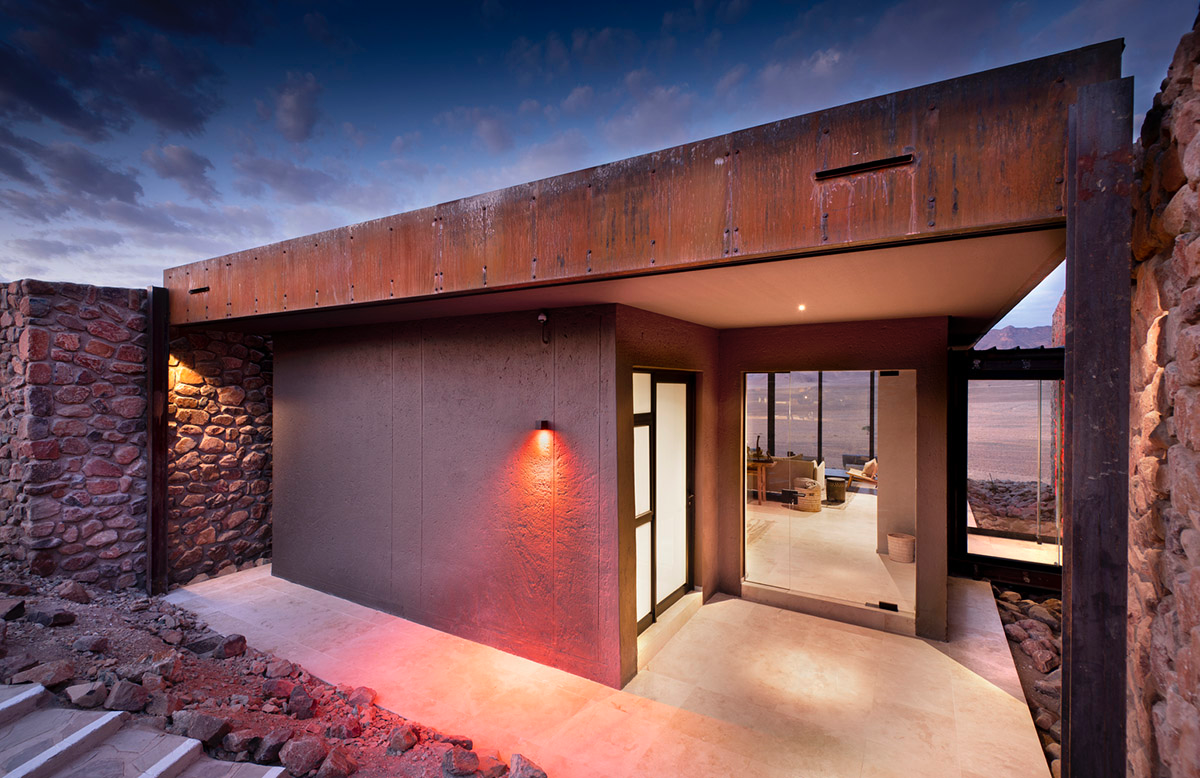 Fox Browne Creative and Jack Alexander design pavilion-like steel lodges on a desert of Namibia