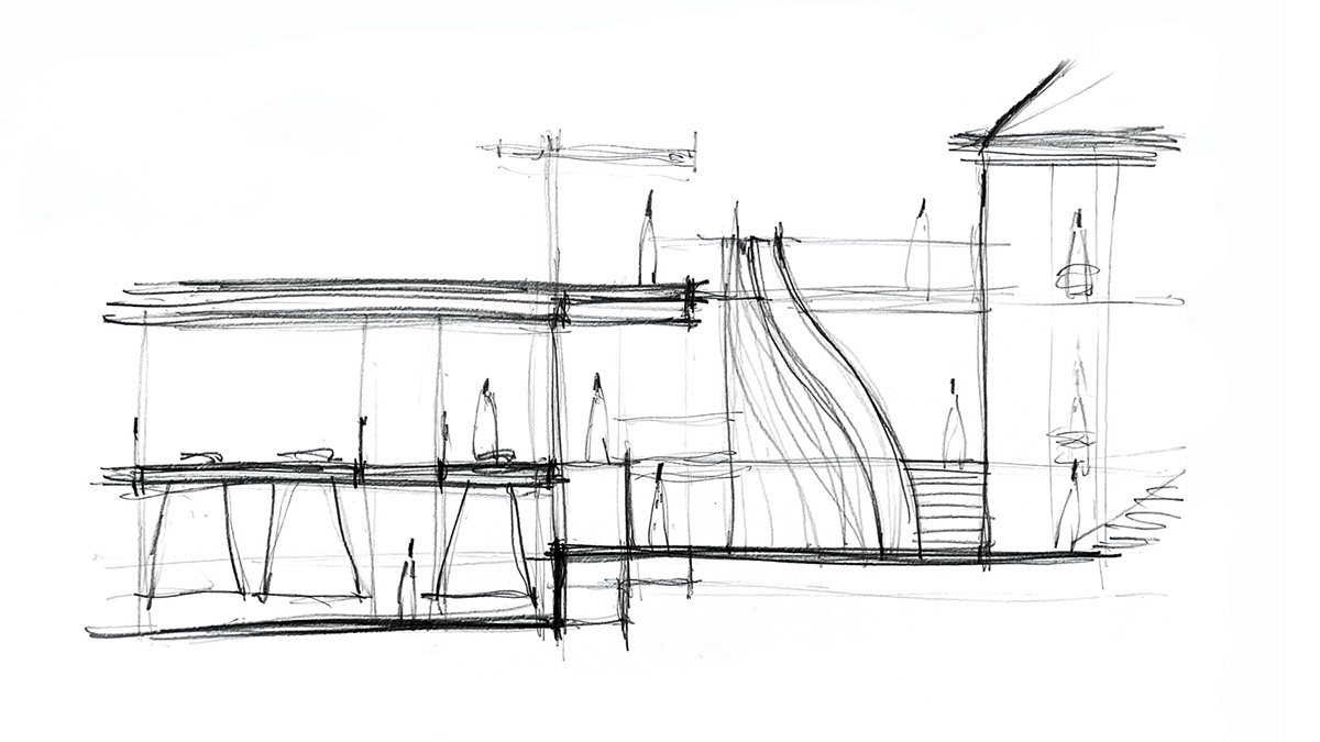 Curving stone solid walls form this winery and guide visitors for winemaking process in France