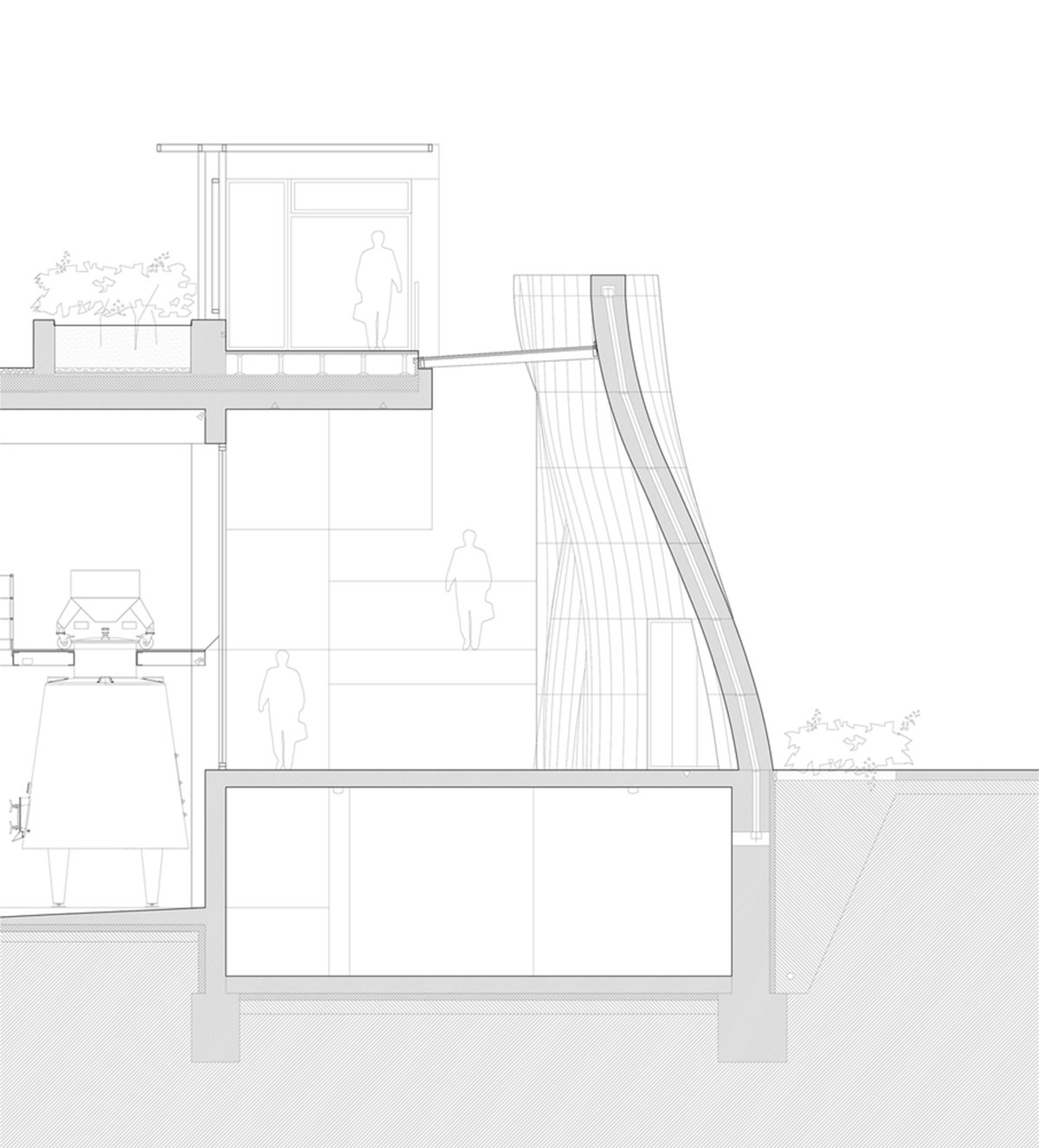 Curving stone solid walls form this winery and guide visitors for winemaking process in France