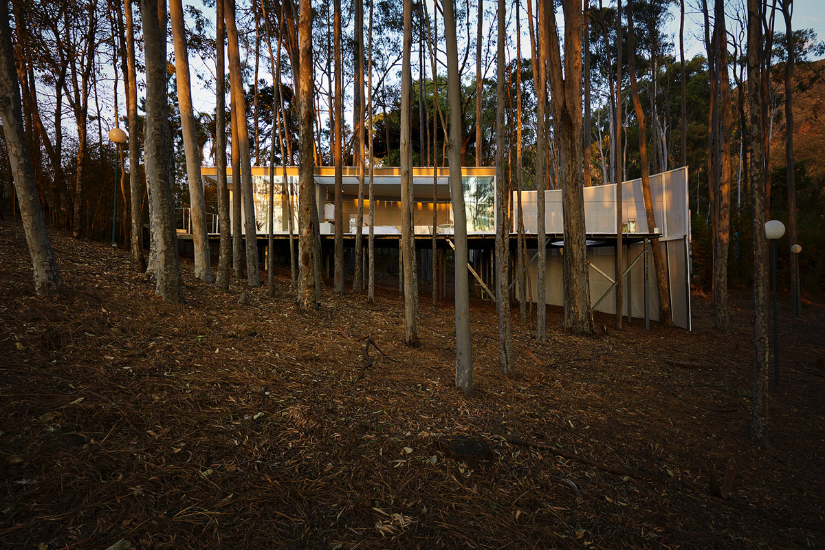 Piacesi Arquitetos Associados suspends refuge cabin with light and curved structures within a forest