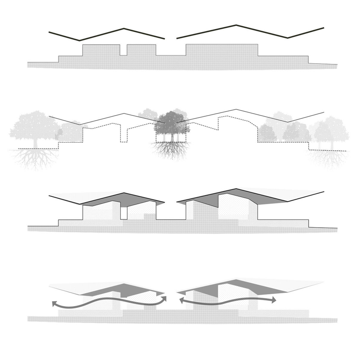 Hexagonal pavilions are hidden under V-shaped roofs that look like a pair of bird wings in Vietnam