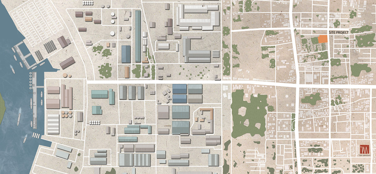 TAA DESIGN built public space with pitched roofs and rough concrete walls painted with pink tones