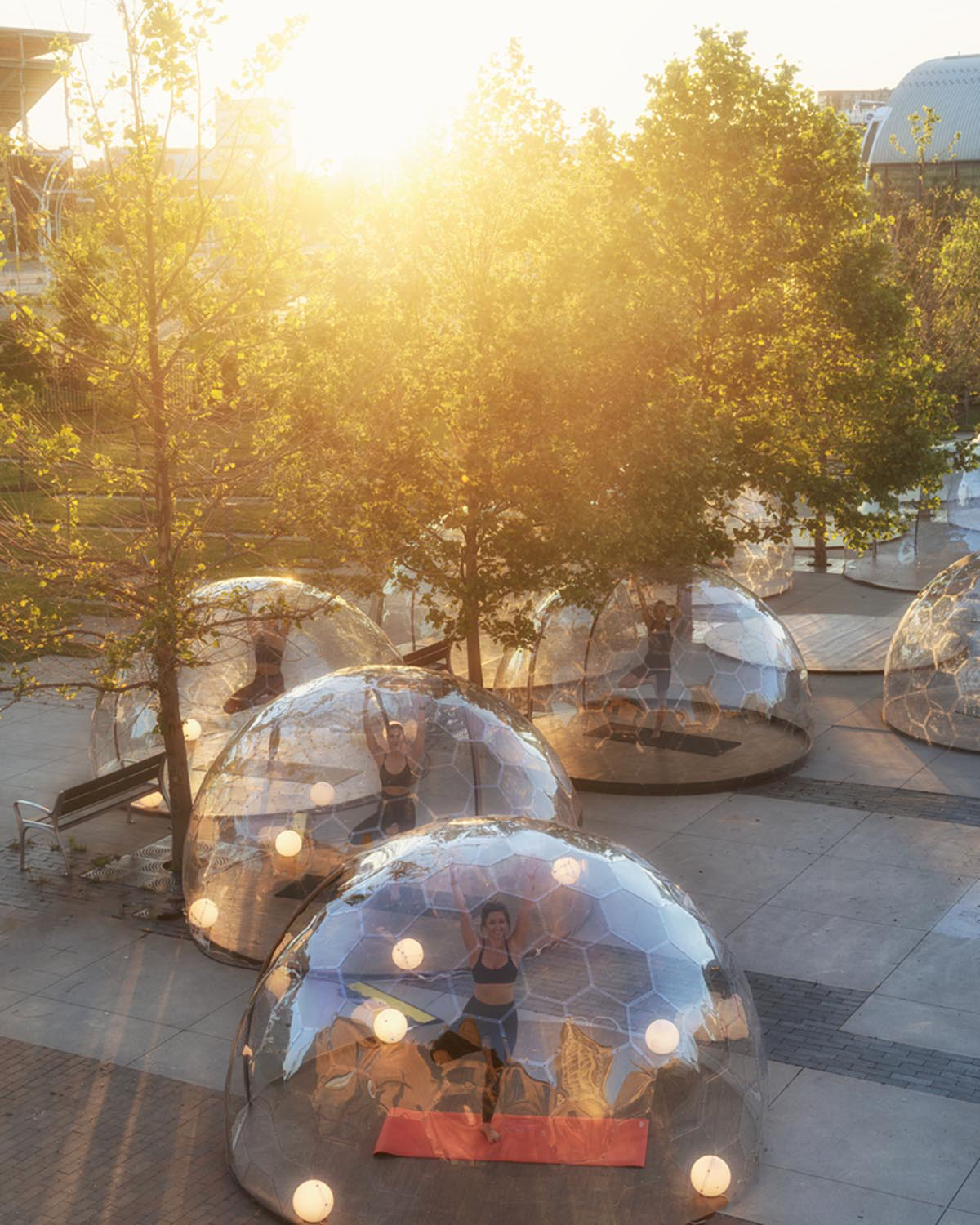 50 private geodesic domes guarantee social distancing measures for Yoga activity in Toronto streets