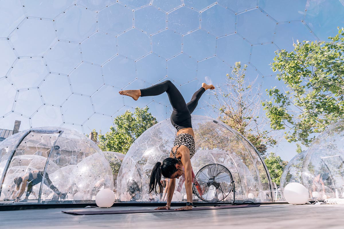 50 private geodesic domes guarantee social distancing measures for Yoga activity in Toronto streets