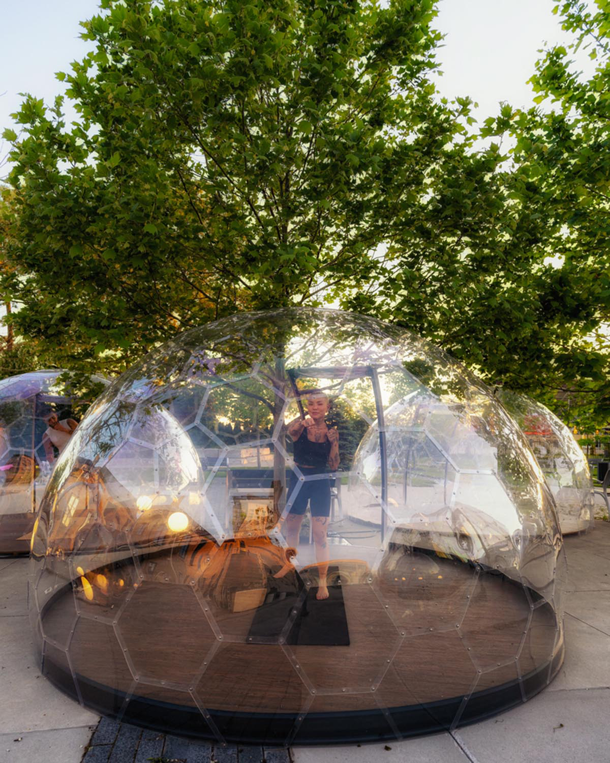 50 private geodesic domes guarantee social distancing measures for Yoga activity in Toronto streets